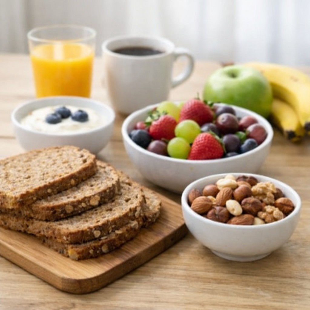 Simple breakfast table with wholegrain and fruit