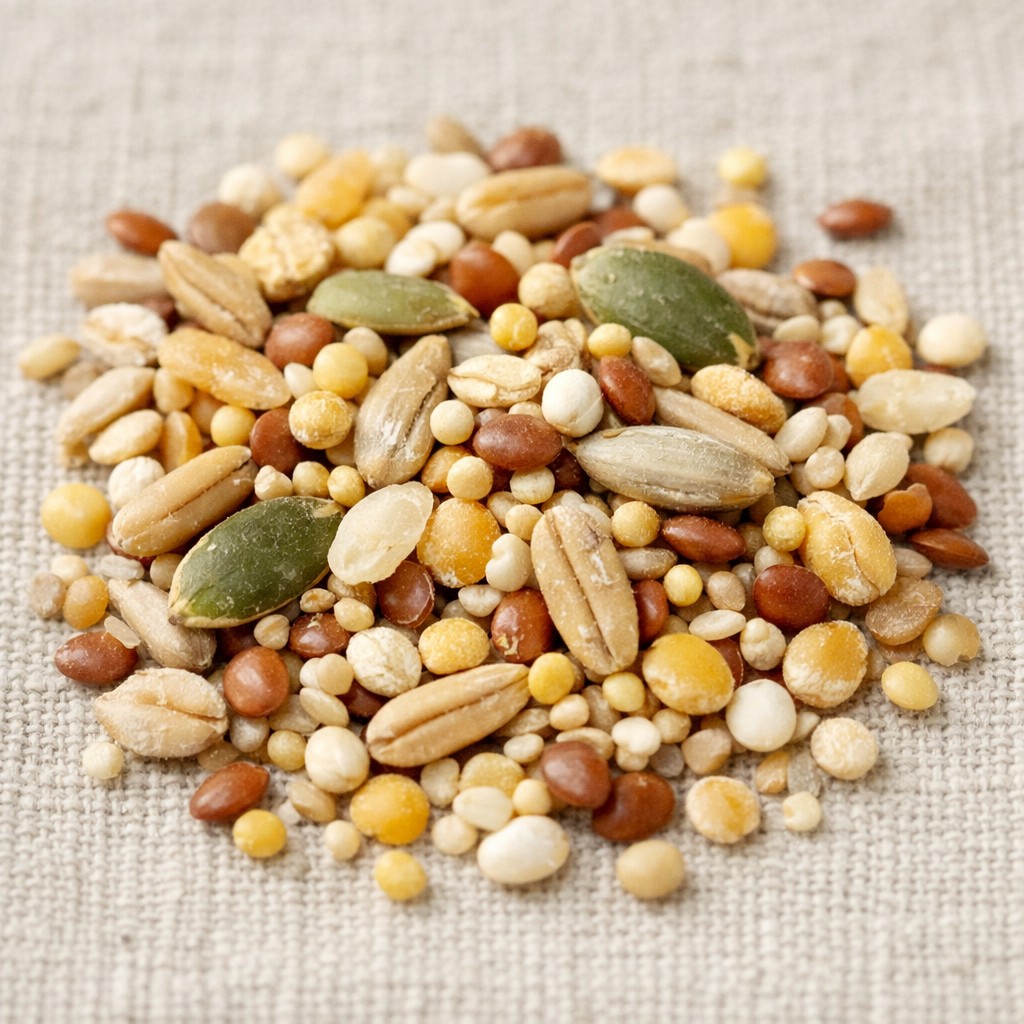 Assorted grains and seeds on a neutral background